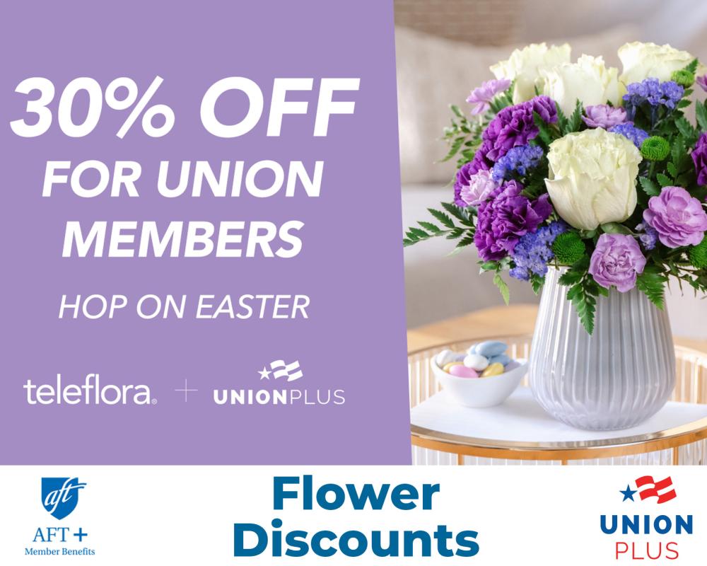 an opaque glass vase filled with a blue, white, and purple flower arrangement to the right of a light purple background with white letters that read 30% off for union members, hop on easter, teleflora + unionplus