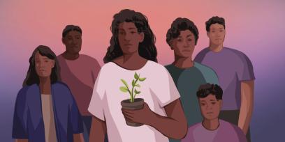 illustration of diverse community in front of a moody sky. the central figure, a woman, is holding a seedling.