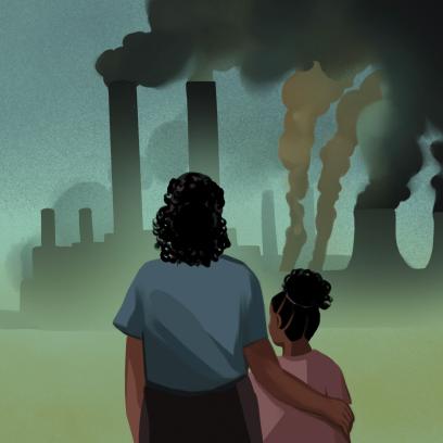 illustration of a black mother and daugher standing in front of smoke stacks