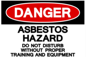 Graphic of safety sign that reads "Danger. Asbestos Hazard. Do not disturb without proper training and equipment."