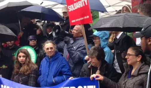 Randi Weingarten with protestors