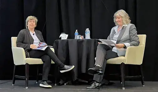 Photo of AFT President Randi Weingarten, left, with Jill Cohenour of the Montana Federation of Public Employees, who chairs the AFT Public Employees program and policy council.