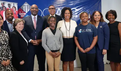 Union leaders, city officials and students celebrate the announcement of funding for DC Healthcare Academy.