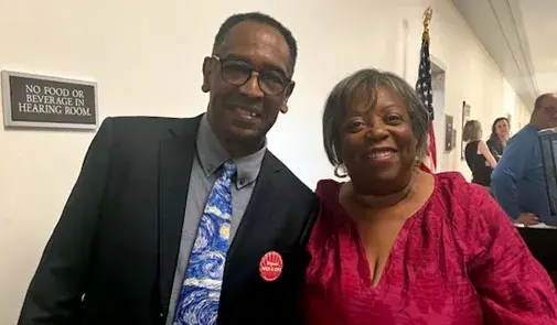 Retired AFT members, Rita Runnels (Texas AFT Plus) and Howard Heath (Chicago Teachers Union/IFT), outside of a House Ways and Means Subcommittee on Social Security hearing.