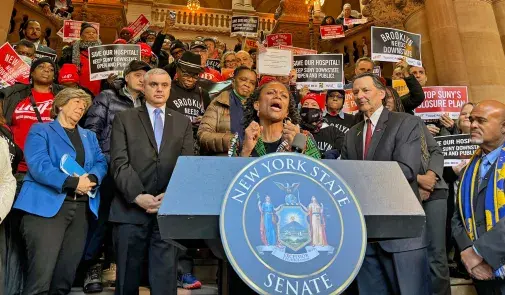 Labor leaders, community activists, and healthcare workers rallied in Albany, N.Y., on Feb. 7 to urge the state to drop its plan to close SUNY Downstate Hospital in Brooklyn.