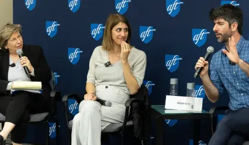 AFT President Randi Weingarten with leaders from Standing Together,  Sally Abed and Alon-Lee Green during a panel discussion on peace between Jews and Palestinians