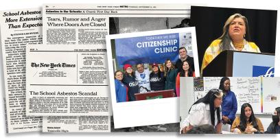 a collage of newspaper clippings covering the NYC school asbestos scandal in the early 1990s, along with recent photos of Evelyn DeJesus engaged in her work as AFT executive vice president