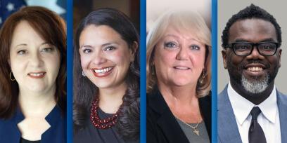 a collage of official portraits of Julie Blaha, Montserrat Garibay, Jan Hochadel, and Brandon Johnson