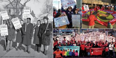 a collage of historic and recent photos of SPFT collective action