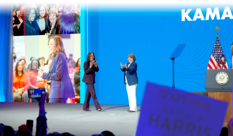 Photo of Vice-President Kamala Harris and AFT President Randi Weingarten on stage at AFT Convention 2024 in Houston, TX
